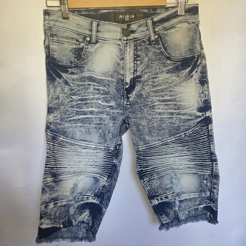 Reason Brand Mens 32 Denim Moto Shorts Acid Wash Distressed Biker Y2K 12"